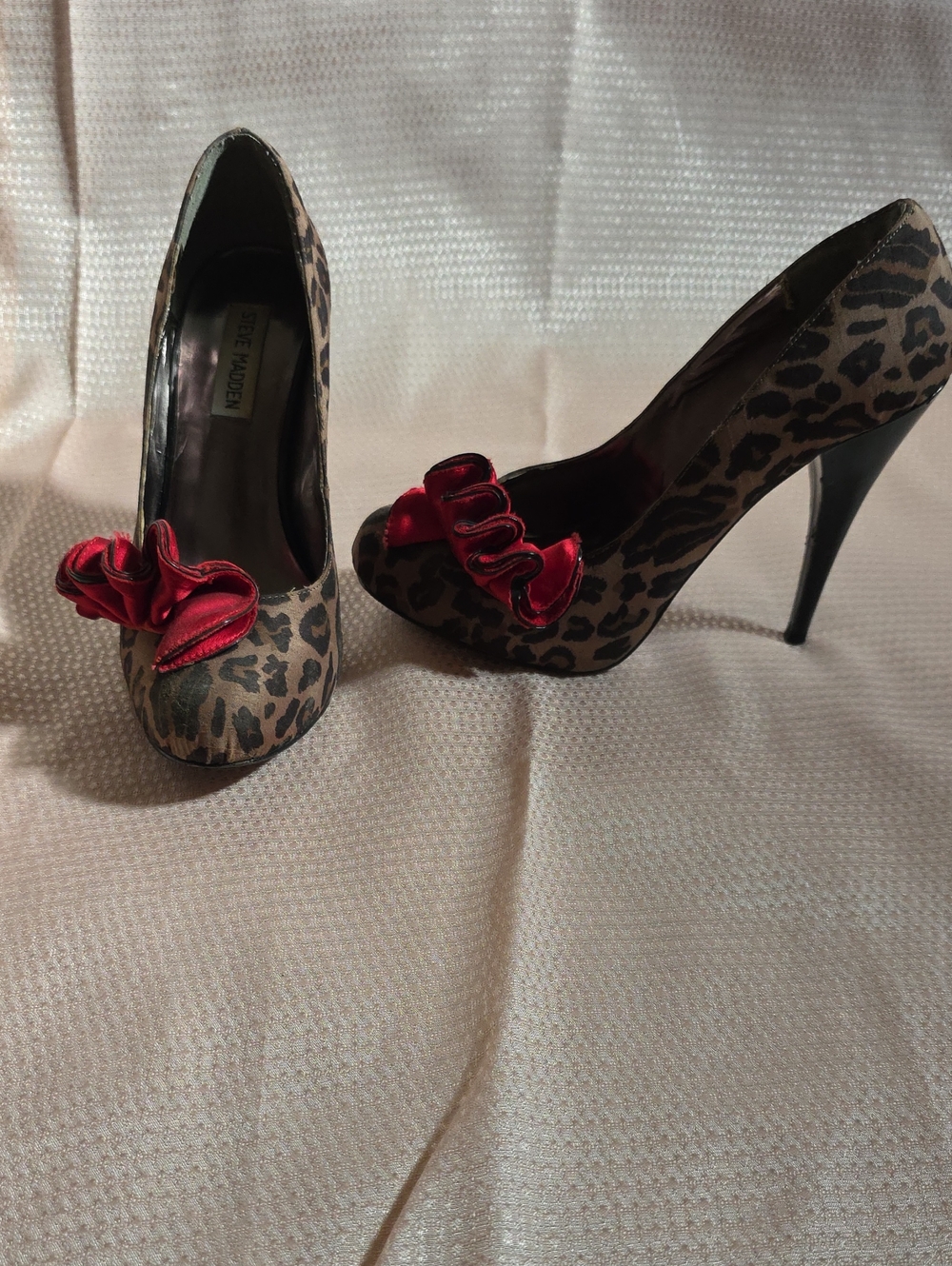 Steve Madden Leopard Print Stiletto Heels with Red Satin Ruffle